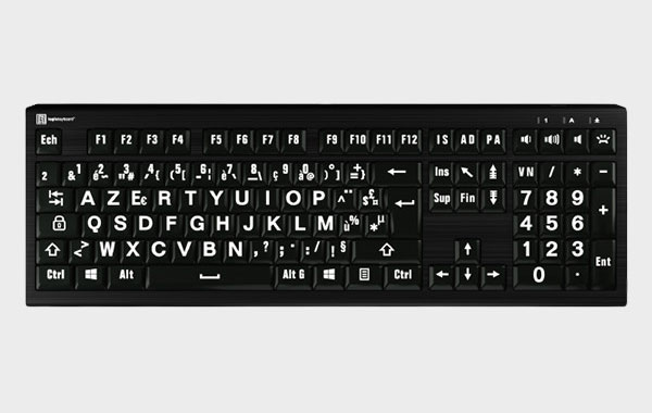 Fiche produit Clavier lumineux à gros caractères blancs sur fond noir PC –  ultra fin - CFLOU
